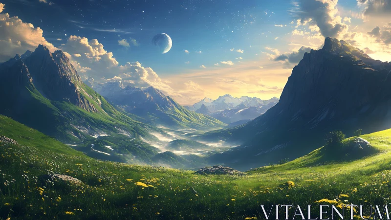 Celestial valley beneath towering emerald mountains at dawn.