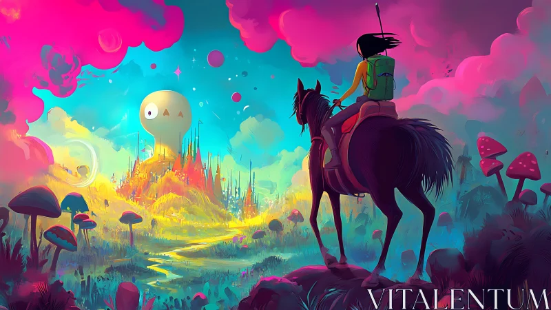 Rider on horseback observes luminous alien valley landscape