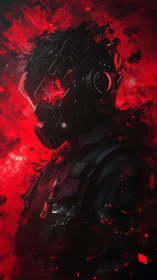 Futuristic armored soldier in red digital inferno scene.