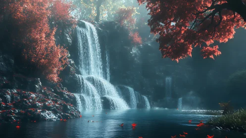 Cascading waterfall framed by crimson foliage in diffuse mist