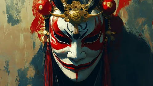 Ornate red and white oni mask with gilded ceremonial crown.