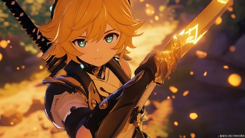 Anime swordsman with glowing blade in warm forest light.