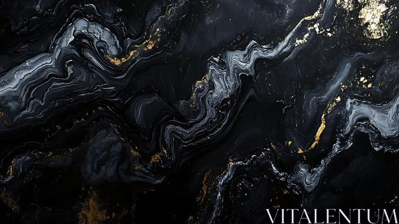 Abstract black marble texture with gold and white fluid swirls.