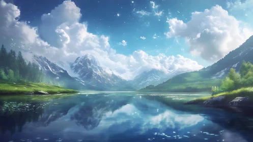 Majestic alpine lake reflects luminous mountains and clouds.