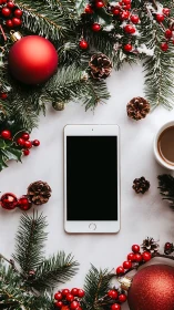 Smartphone framed by festive Christmas greenery and baubles.