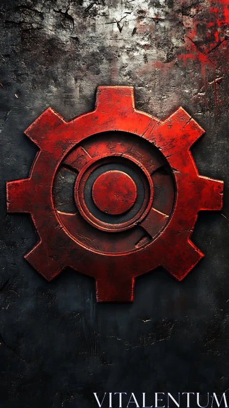 Industrial red cog emblem on distressed metallic surface