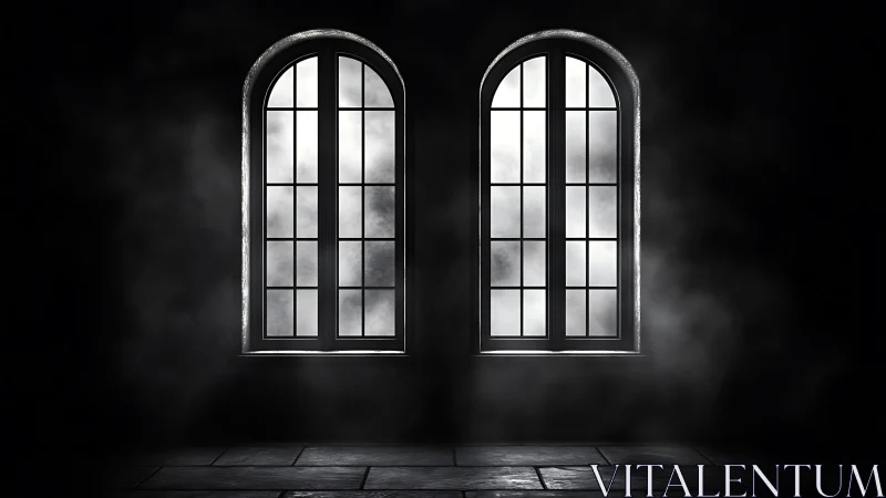 Gentle light through twin arched windows in the dark room.