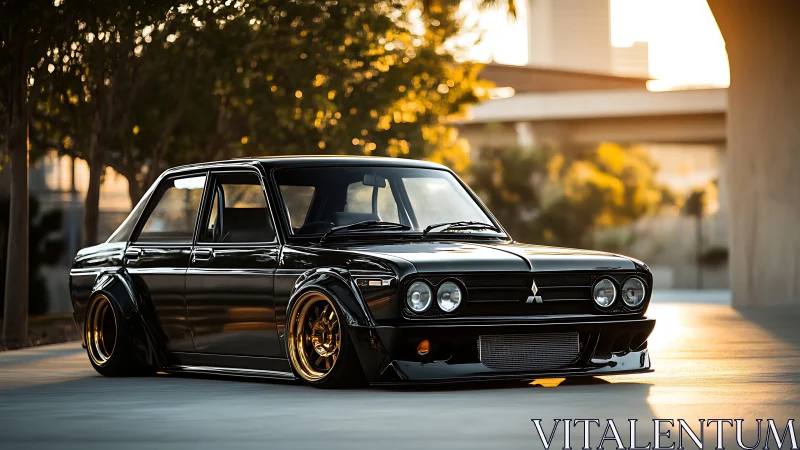 Low-slung classic Mitsubishi sedan with widebody stance at sunset