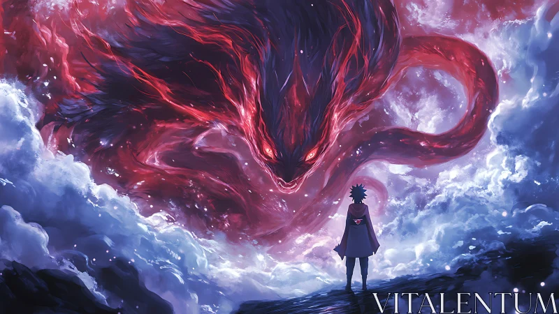 Digital painting of lone hero confronting cosmic demon storm.