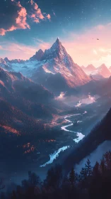 Sunlit alpine peak rises over a winding valley river