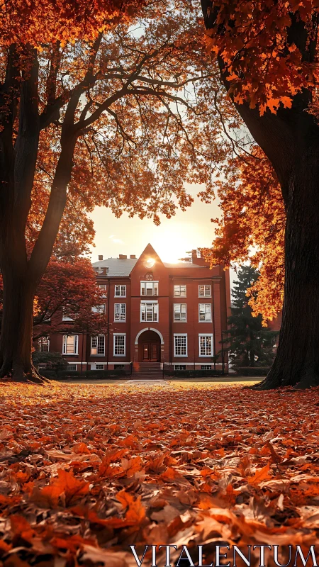 Symmetrical brick academy framed by autumn foliage at sunset