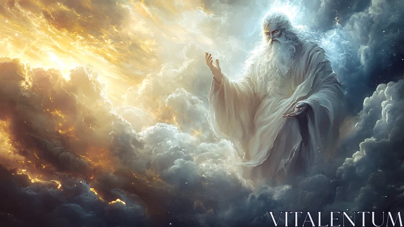 Elderly robed figure seated in glowing storm clouds.