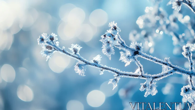 Macro study isolates frost crystals on winter shrub branch