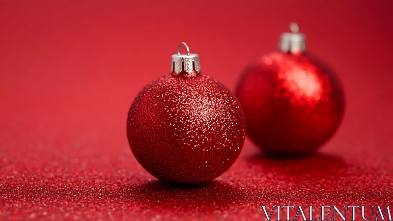 Glittered red Christmas baubles on monochrome bokeh backdrop