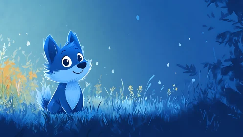 Blue twilight foxling listens to fireflies and soft petals.