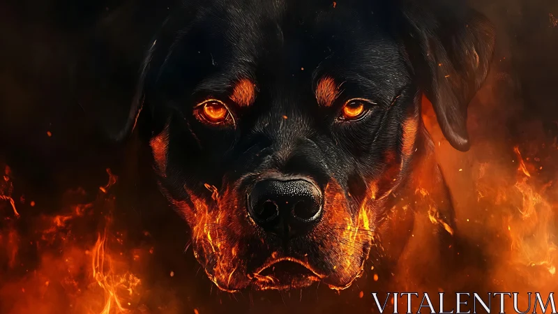 Fierce rottweiler gaze glows warmly amid swirling fire