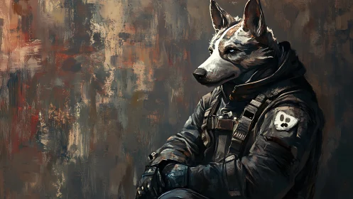 Armored canine soldier rests against a textured abstract wall.