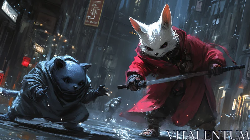 Two anthropomorphic feline figures in urban environment with weapons.