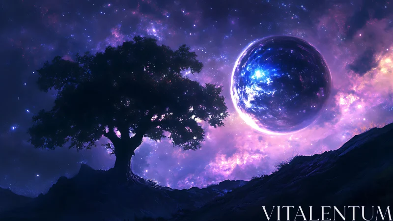 Starlit dream tree welcomes a glowing cosmic sphere at dusk