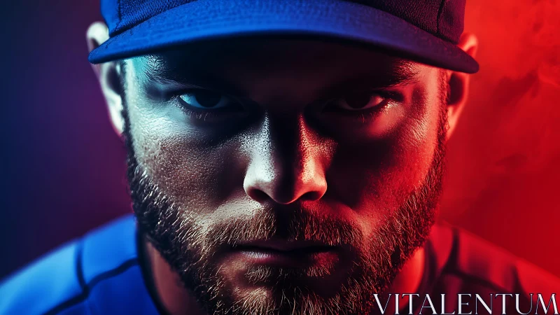 Intense bearded athlete stares through bold dual lighting.