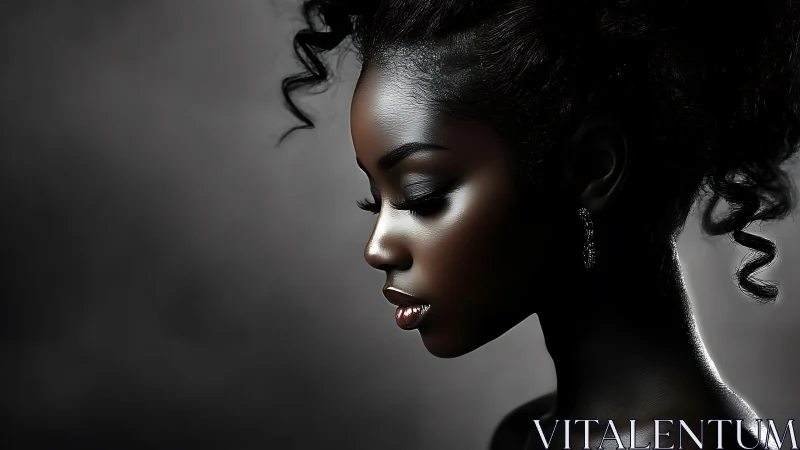 Side-lit profile study of woman with high-gloss skin shading