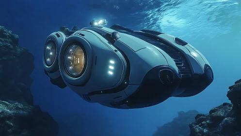 Sleek underwater sub glides calmly through deep blue reefs