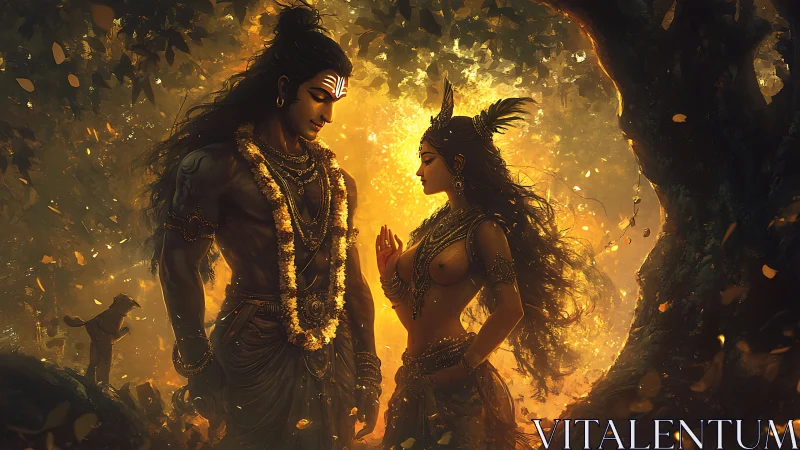 Divine figures in forest clearing with golden backlight.