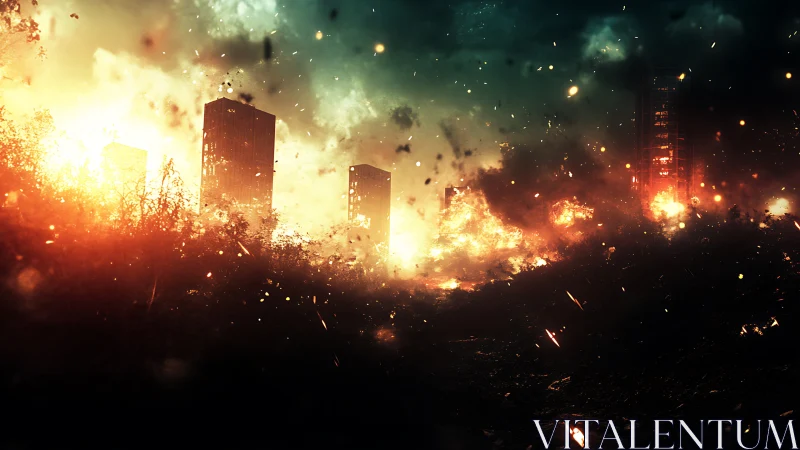 Urban skyline under thermodynamic firestorm and debris bloom.