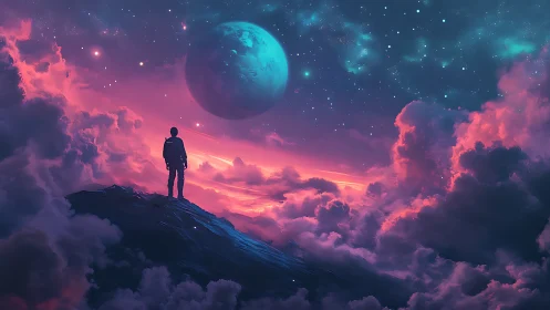 Solitary figure on ridge under magenta nebula and blue planet