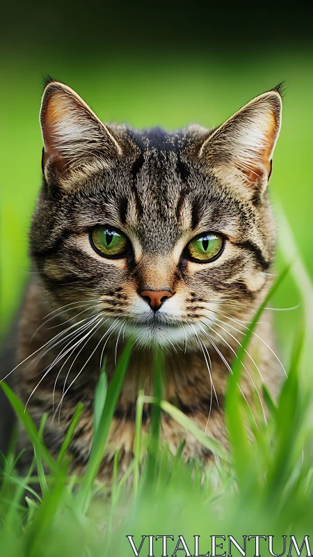 Tabby Cat with Green Eyes in Grass