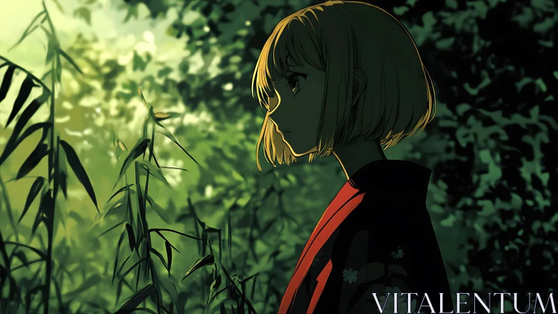 Girl in red kimono studies forest light in quiet profile