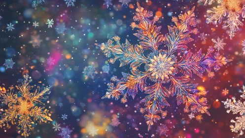 Multicolored fractal snowflakes overlay a blurred bokeh field