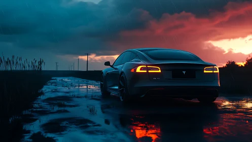Electric sedan glows over rainy road at vivid sunset.