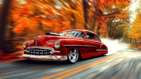 Crimson hot rod blurs through autumn firestorm of color.
