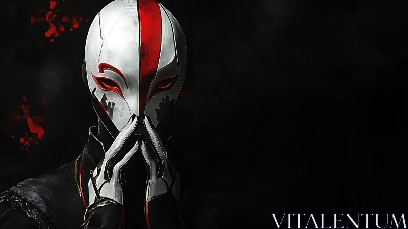 Masked cyber assassin framed by darkness and bloodred glow.