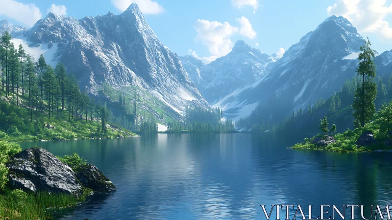 Snowcapped mountain range reflected in clear alpine lake.