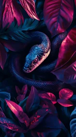 Chromatic serpent coiled in neon-illuminated tropical foliage.