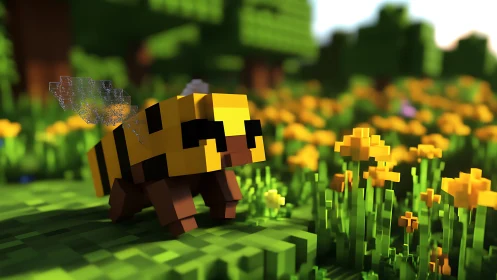 Blocky bee model in voxel meadow environment rendering.
