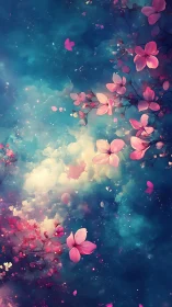 Pink flowers rendered with atmospheric fog and particle effects