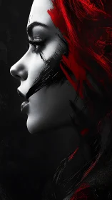 Profile portrait with red abstract streaks on dark ground.