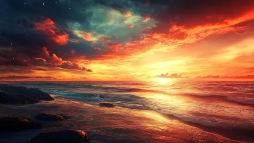 Flaming horizon pours molten light across tranquil sea.