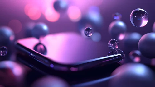 Futuristic smartphone with floating glass spheres in neon lighting.