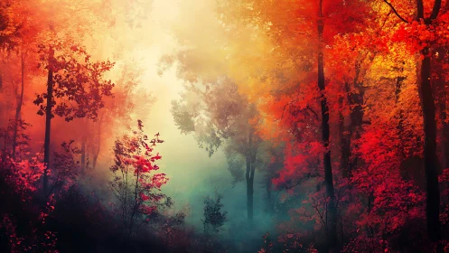 Autumnal Forest Landscape with Volumetric Light and Color Gradient Atmospheric Effect