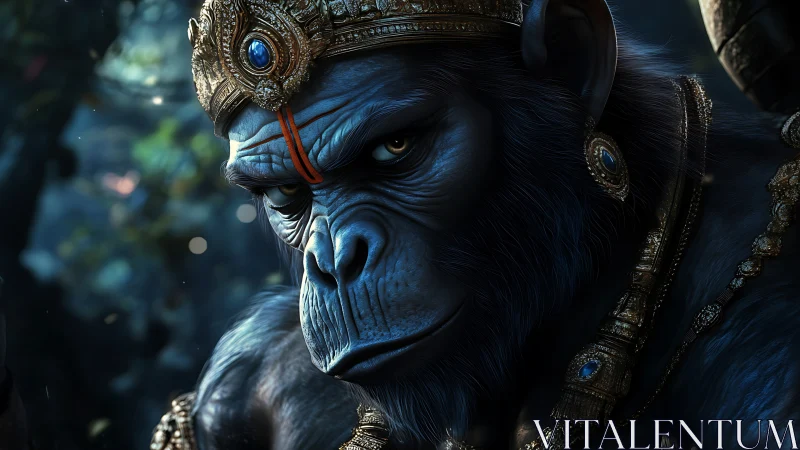 Regal simian warrior under moody jungle rim light panorama.