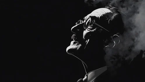 Profile of older man in glasses amid rising smoke, grayscale.