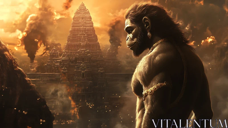Mythic warrior ape overlooks burning golden temple city.