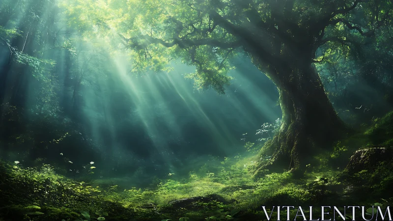 Enchanted Forest Glade with Crepuscular Light Rays.
