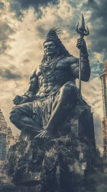 Monumental seated deity statue with trident above cityscape.