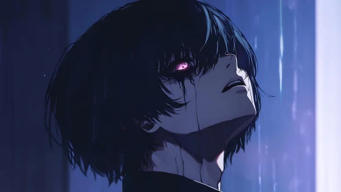 Somber anime figure with glowing eyes in blue rain.