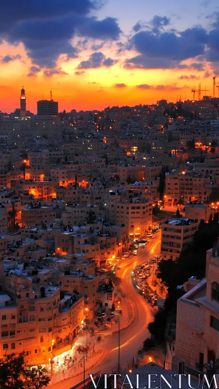 Photorealistic dusk cityscape with luminous arterial roadway.